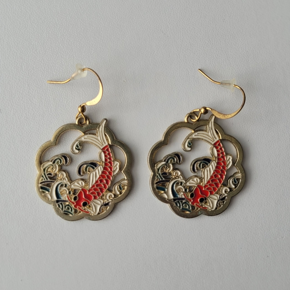 Vintage-Inspired Red Koi Fish Gold Earrings